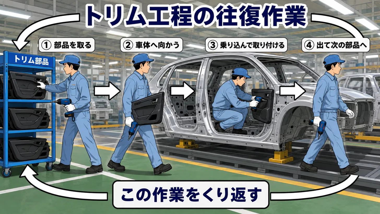 トリム工程で部品を取り、車体へ乗り込み、取り付けて次の部品へ戻る往復作業