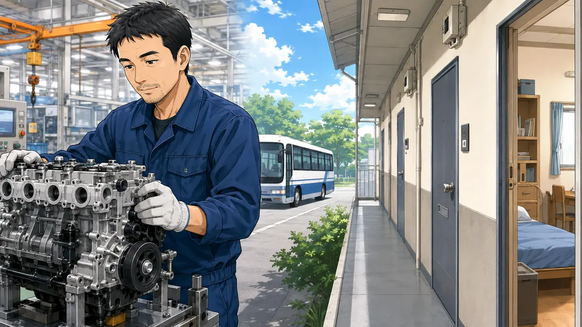 スバル大泉工場の大型エンジン工程で働く男性期間工と大利根寮を表したイラスト