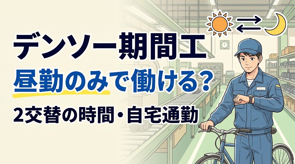 デンソー期間工の昼勤・夜勤の2交替と自転車通勤を表した、青い作業着の男性のイラスト