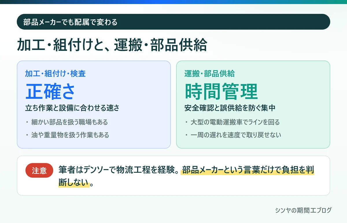 デンソー期間工の加工・組付け・検査と運搬・部品供給の負担の違い