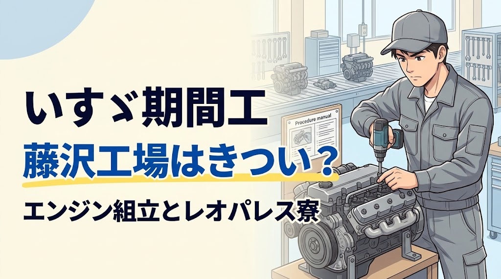 いすゞ藤沢工場の期間工がエンジン組立ラインで作業するイラスト