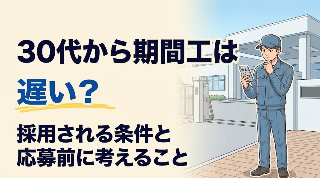 30代から期間工に応募するか考える、青い作業着の男性のイラスト