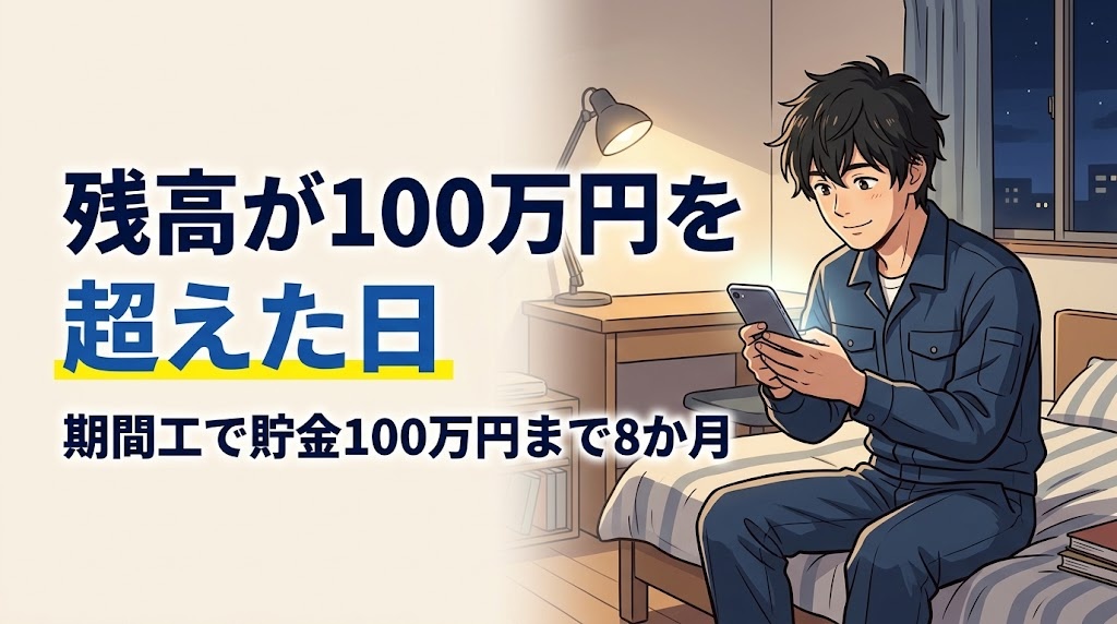 寮の部屋でスマホの残高を見て小さく笑う期間工の男性のイラスト