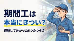 組立ラインで汗をぬぐいながら働く期間工の男性のイラスト