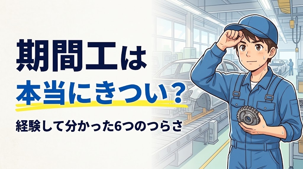 組立ラインで汗をぬぐいながら働く期間工の男性のイラスト