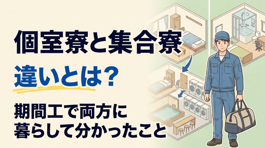 個室寮と集合寮の違いを、ワンルームの部屋と共同の大浴場・洗濯機で表した、青い作業着の男性のイラスト