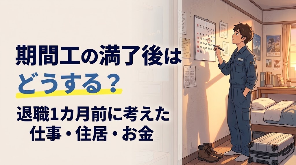満了日の近いカレンダーを見ながら次の仕事と住まいを考える期間工の男性のイラスト