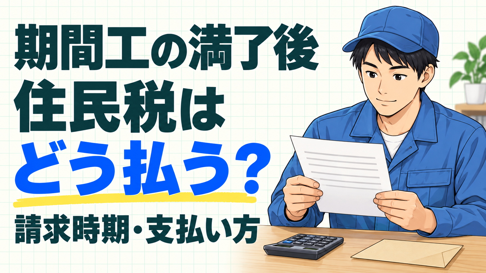 期間工の満了後の住民税。請求時期と支払い方を解説する、書類を確認する作業員のイラスト