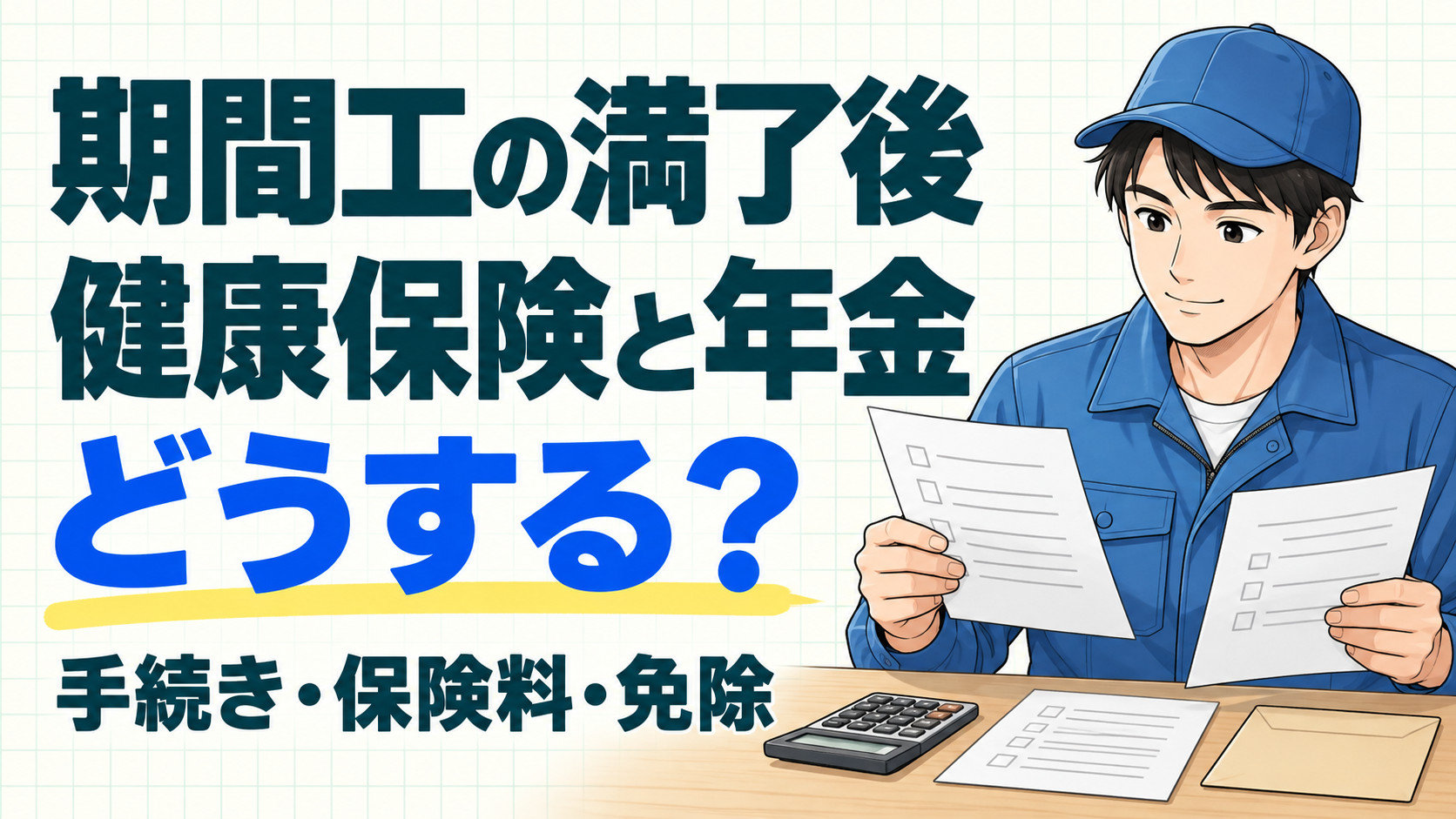 健康保険と年金の手続き書類を確認する、青い作業着の人物のイラスト