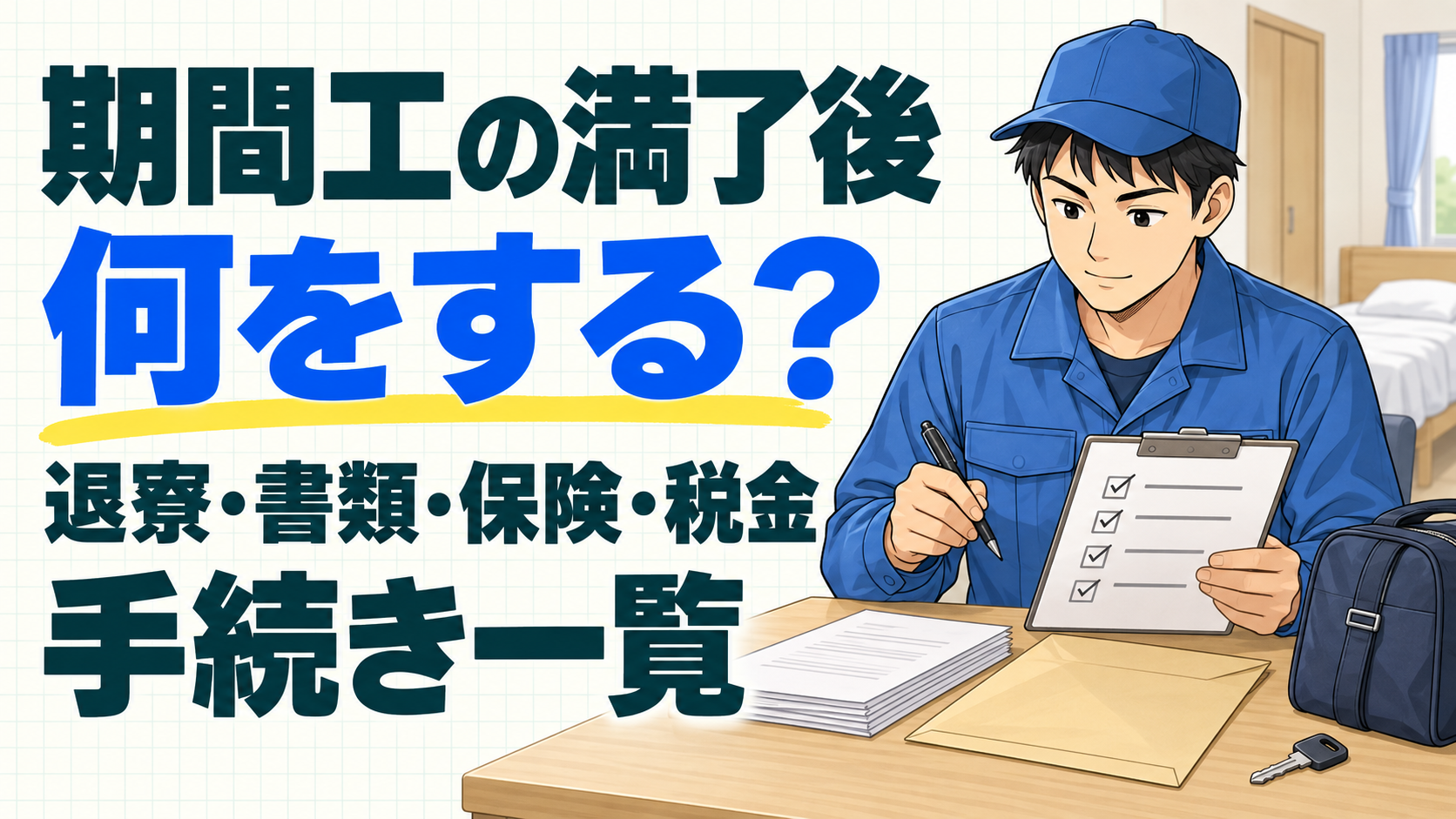 期間工の満了後の手続き一覧。青い作業着の人物が退寮前に書類を確認するイラスト
