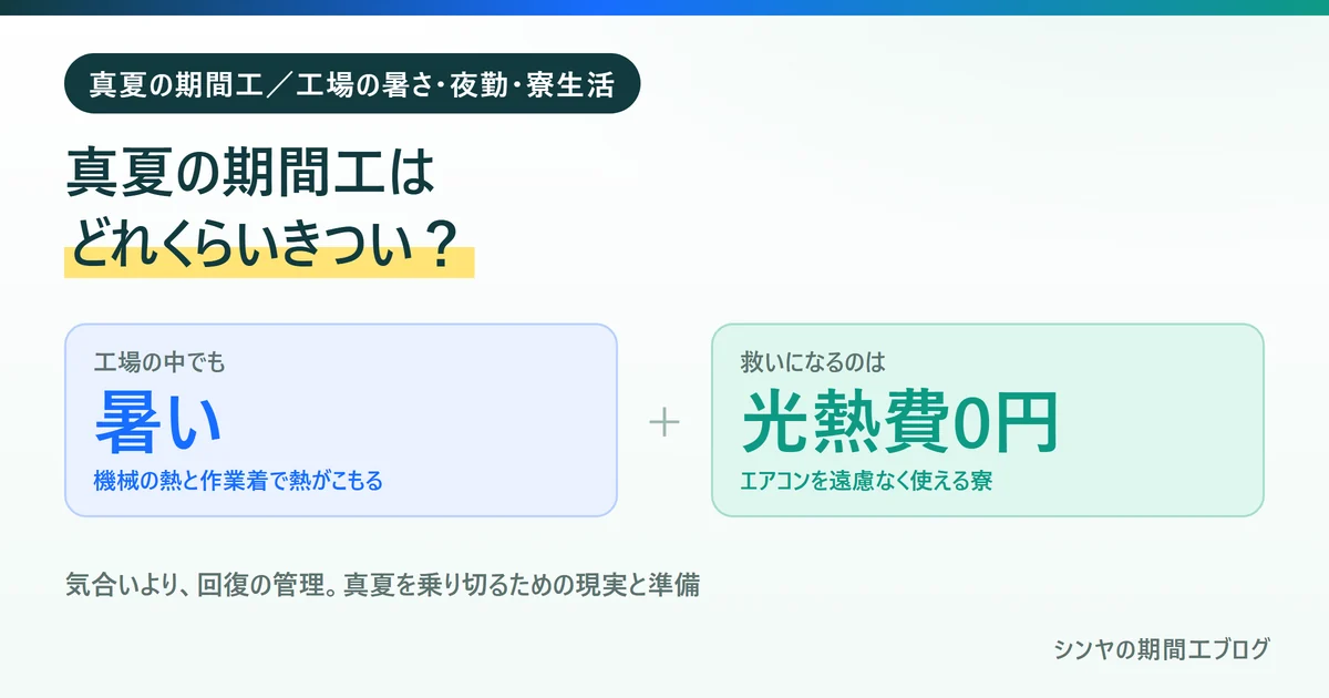 真夏の期間工は工場の暑さと夜勤できついが光熱費無料の寮が救いになることを示す図