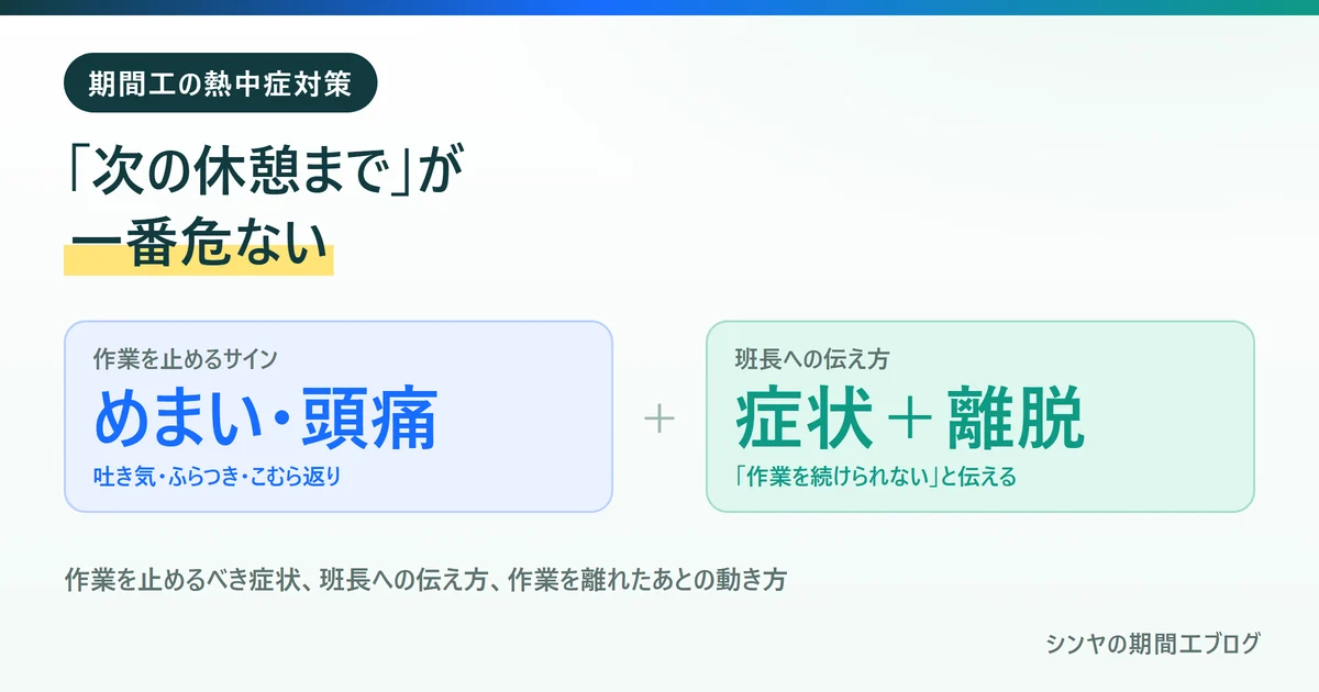 期間工の熱中症対策では次の休憩までと我慢するのが一番危ないことを示す図