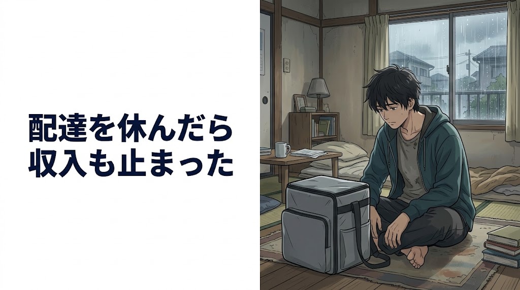 雨の日、配達用のリュックを置いたまま部屋で過ごす男性のイラスト