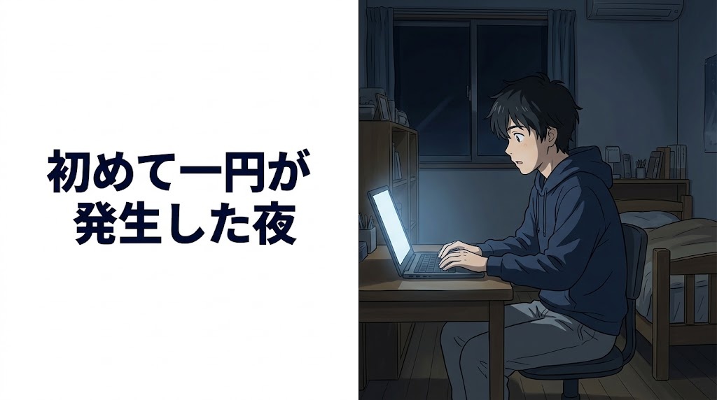 夜の部屋でノートパソコンを見て驚く男性のイラスト