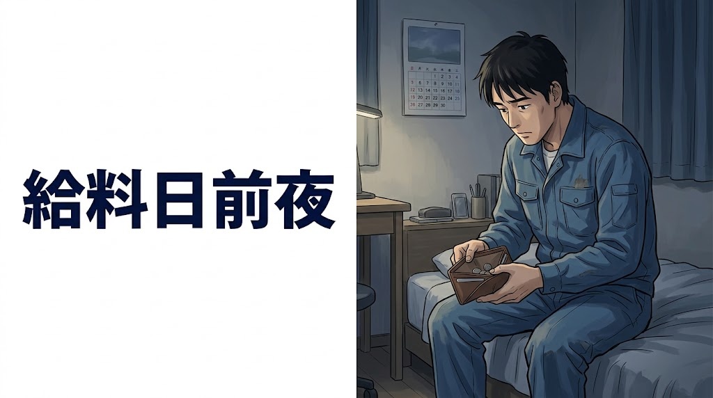 給料日の前の夜、財布の中を見る期間工の男性のイラスト