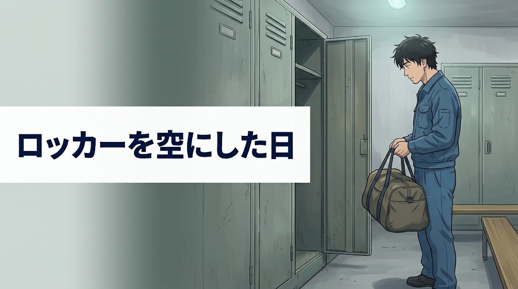 空になったロッカーの前でバッグを持つ期間工の男性のイラスト
