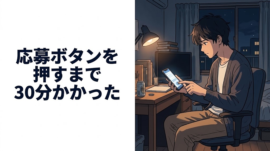 夜の部屋でスマホの応募ボタンを押すか迷う男性のイラスト