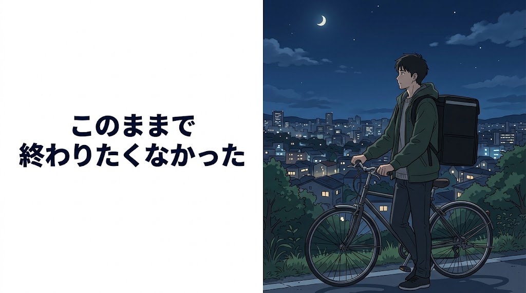 夜の街で自転車を止めて遠くを見る配達員の男性のイラスト