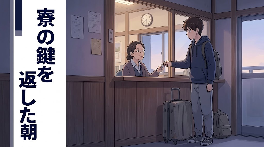 退寮の朝、寮の窓口で鍵を返す男性のイラスト