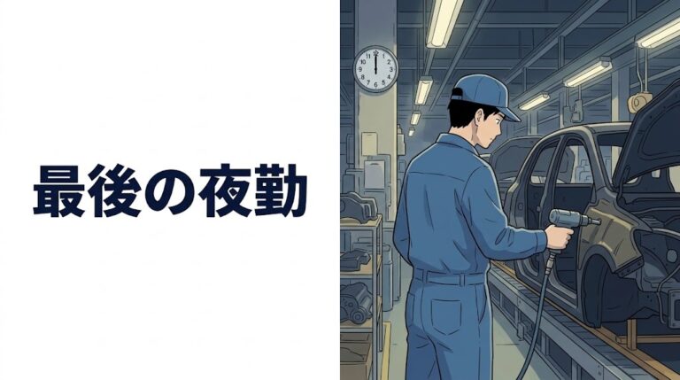 夜の工場で最後の夜勤をする期間工の男性のイラスト