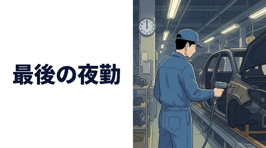 夜の工場で最後の夜勤をする期間工の男性のイラスト