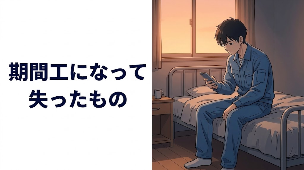 夕方の寮の部屋で一人スマホを見る期間工の男性のイラスト