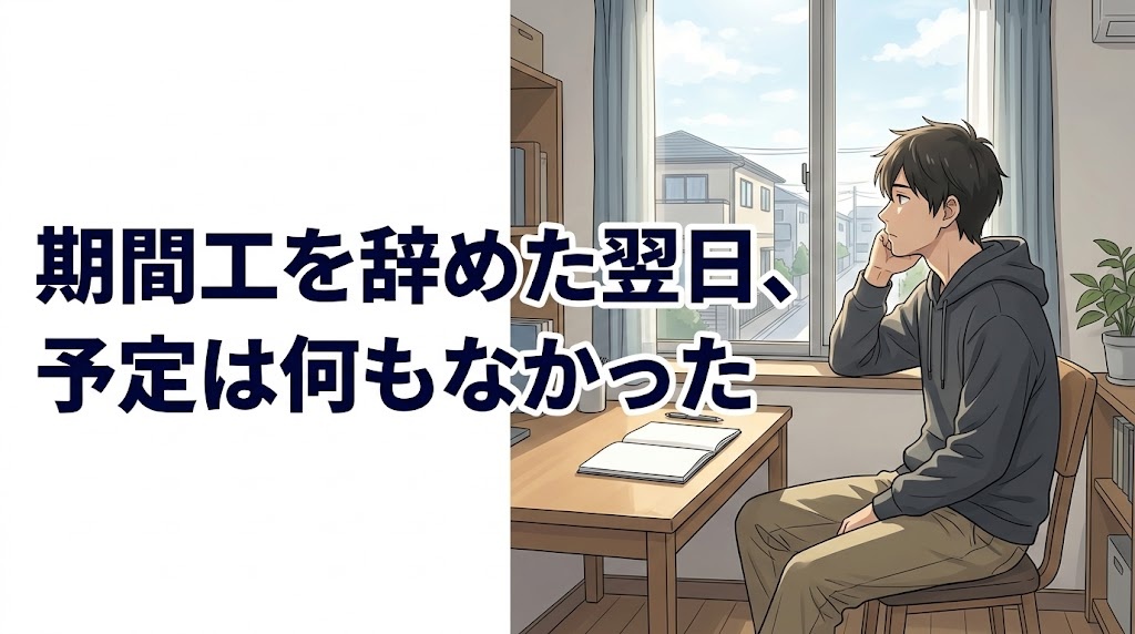 期間工を辞めた翌日、予定のない部屋で窓の外を見る男性のイラスト